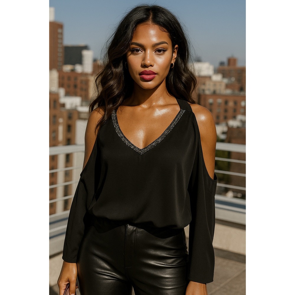 Juicy Couture Womens Long Sleeve Top XS Y2K Black Beaded V Neck Cold Shoulder‎